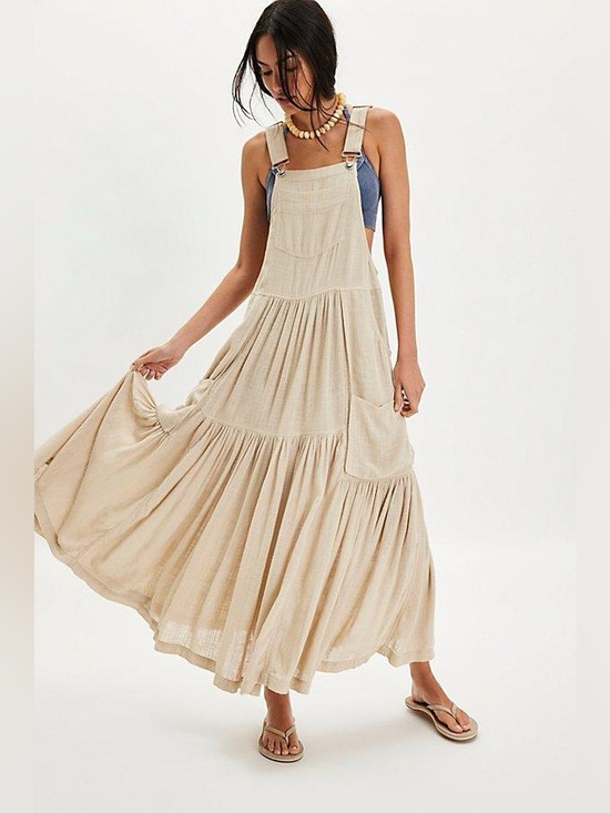 Free People Dresses & Skirts - Free People Moonbeam Beige Linen Skirtall Dress XL
